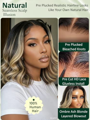 Image of KLAIYI Bye Bye Slip Ombre Ash Blonde Highlight Bob Body Wave Glueless Precut 7X5Lace Front Wigs Human Hair Layer Blowout Drawstring Ready to Wear Go Wig Face Framing Pre Plucked Bleached Knots 12Inch