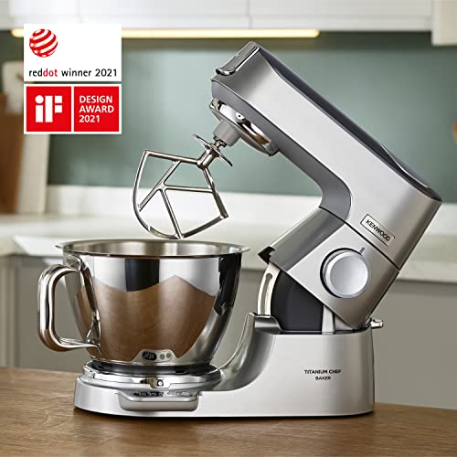 Kenwood Titanium Chef Baker KVC85.004SI Robot Patissier avec Balance Intégrée, Inclus Ensemble Pâtisserie 3 Pièces, Bol de Mélange de 5L et 3.5L, Régulateur de Vitesse Progressif, 1200W, Argenté