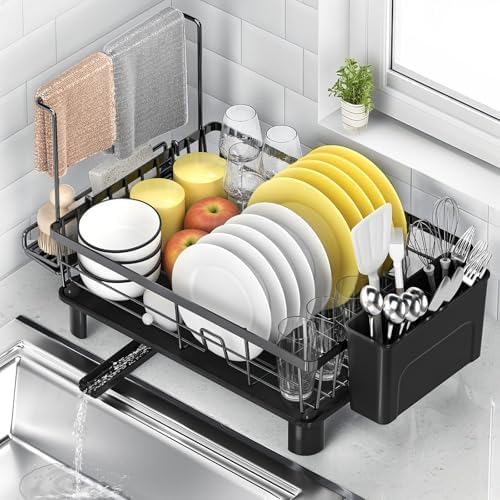 Escurridor de Platos, Estante de Escurreplatos Cocina Organizador con Escurridor, Soporte para Platos, Tazas y Bayetas Cubiertos y Toallero, Ahorra Espacio, 360° Automático Drenaje Extensible Negro
