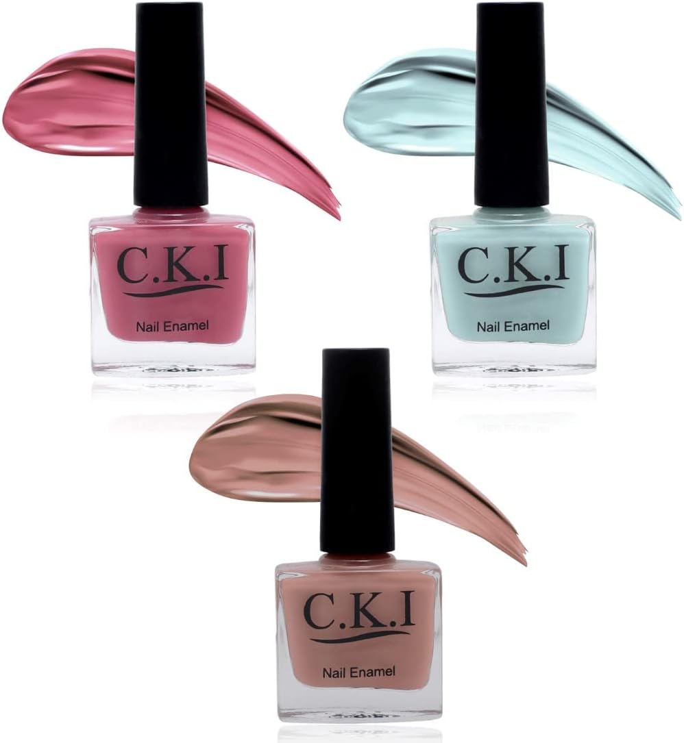 C.K.I Nail Paint, No Toxin Nail Lacquer, Beautify Nail Paint Enamel, Smudge Free, Waterproof, Makeup Collection, Glossy in nature Set of 3, Watermelon Pink, Pacific Blue, Melody Brown Color