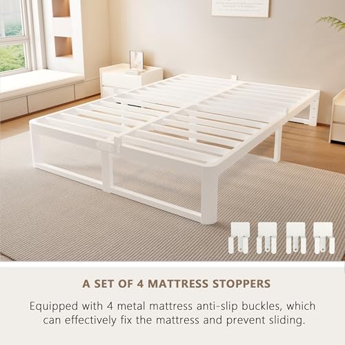 Image of ZTH Full Size Metal Platform Bed Frame 12 in, No Box Spring Needed, White | Heavy duty support, Underbed storage, Noise-free design, Anti-slip clips, Rounded legs, Easy assembly, Headboard compatible