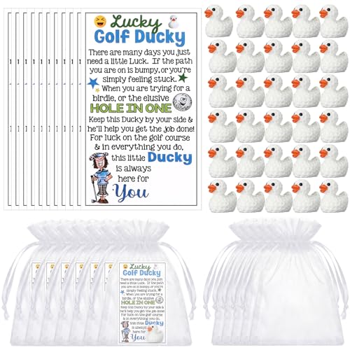 Blueweenly 72 Pcs Golf Party Favor Resin Mini Lucky Ducks Bulk with Ducky Card and Organza Bags Sport Favors Golf Prizes for Tournaments Team Events Birthday Party Supplies Club Player Gift