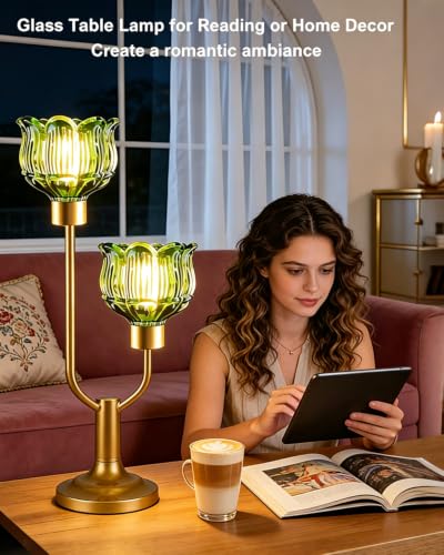 Image of Lightdot Flower Table Lamp for Bedroom Vintage Green Glass Lamp Dimmable | Mid Century Modern Gold Desk Lamp 2 Bulbs Included Warmwhite Ambient Nightstand Bedside Lamps for Living Room Home Decor Gift