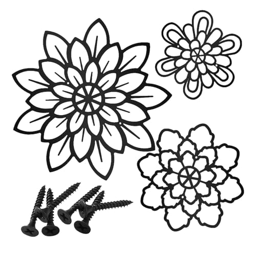 Fukamou Decoración de la pared de flores de metal de 3, Decoración de pared de flores de metal - Arte de pared Boho Decoración del hogar,Decoración de arte negro para sala de estar, diseño hueco para