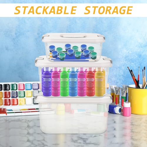 Image of 3 Pcs Paint Storage Box for Acrylic Paint, Portable Clear Acrylic Paint Organizer Boxes with Handle and Lid, Extra Large Capacity Art Supply Clear Box for 2 Fl. oz Apple Barrel & Other Brand Paint