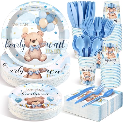 Dandat 350 Pcs Baby Shower Plates Set Baby Shower Party Supplies Serves 50 Tableware Sets Include Plates Napkin Cup Forks Knives Spoons Disposable Dinnerware(Bear,Blue)