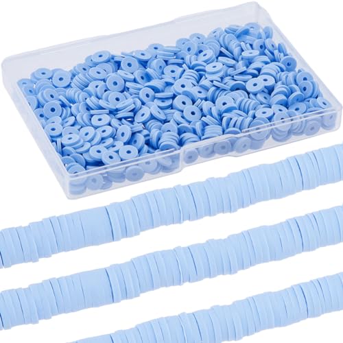 SUNNYCLUE 1 Box 1000PCS+ 6mm Light Blue Clay Heishi Beads Bulk Polymer Round Beads Small Refill Flat Disc Vinyl Spacer Loose Bead for Jewellery Making DIY Bracelets Necklace Chocker Craft Supplies