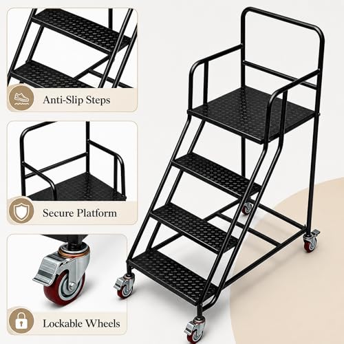 Image of 4 Step Rolling Ladder with Handrails, 880 lbs Capacity Heavy Duty Steel Mobile Warehouse Ladder with Locking Wheels, Non-Slip Rolling Stairs with Large Platform for Garage, Stockroom, Library