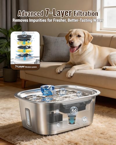 Image of PETNF 3-Gallon Stainless Steel Dog Water Fountain for Large Dogs, Dog Water Bowl Dispenser with 4 Filters, Visible Water Window, Quiet Pump & LED Low-Water Indicator