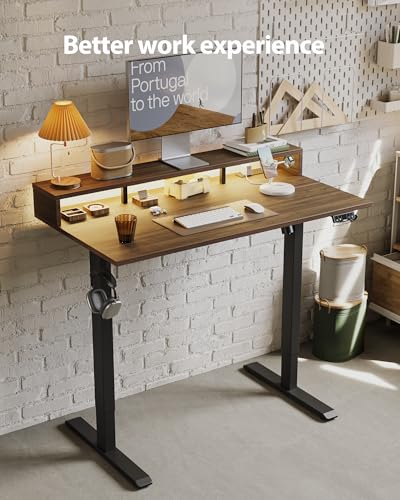 Image of Agilestic 48x24 Inch Electric Standing Desk with Shelf, Height Adjustable Desk with Power Outlets & LED, Sit Stand Up Table with Monitor Stand, Computer Workstation, Dark Walnut