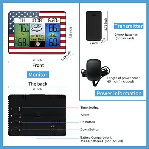 Geevon Weather Station Home Wireless Indoor Outdoor Temperature Humidity Monitor,Atomic Digital Clock Barometer Thermometer Hygrometer Color Forecast Station with Sensor(American Flag Pattern) - Thumbnail 5