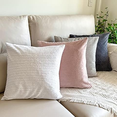 HOPLEE Spring Pillows Covers 18 x 18 Pink White Grey Decorative Pillows for Bed Soft Corduroy Couch Pillows Covers for Sofa Bedroom Car Living Room(White,Light Grey,Grey,Pink,4 Pack) Cover