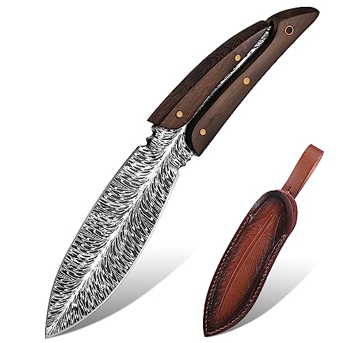 Japaknives Couteau de survie, couteau d'extérieur lame fixe, couteau de camping Full Tang, texture plume, grande collection