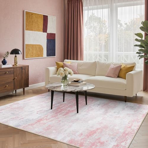 Image of BEIMO Area Rugs 8x10 for Living Room Bedroom, Modern Abstract Machine Washable Rug, Large Soft Low Pile Floor Carpet with Non Slip Backing for Dining Room, Pink