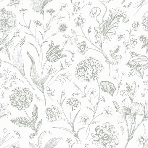 VEELIKE Sage Green Sketch Floral Peel and Stick Wallpaper Vintage