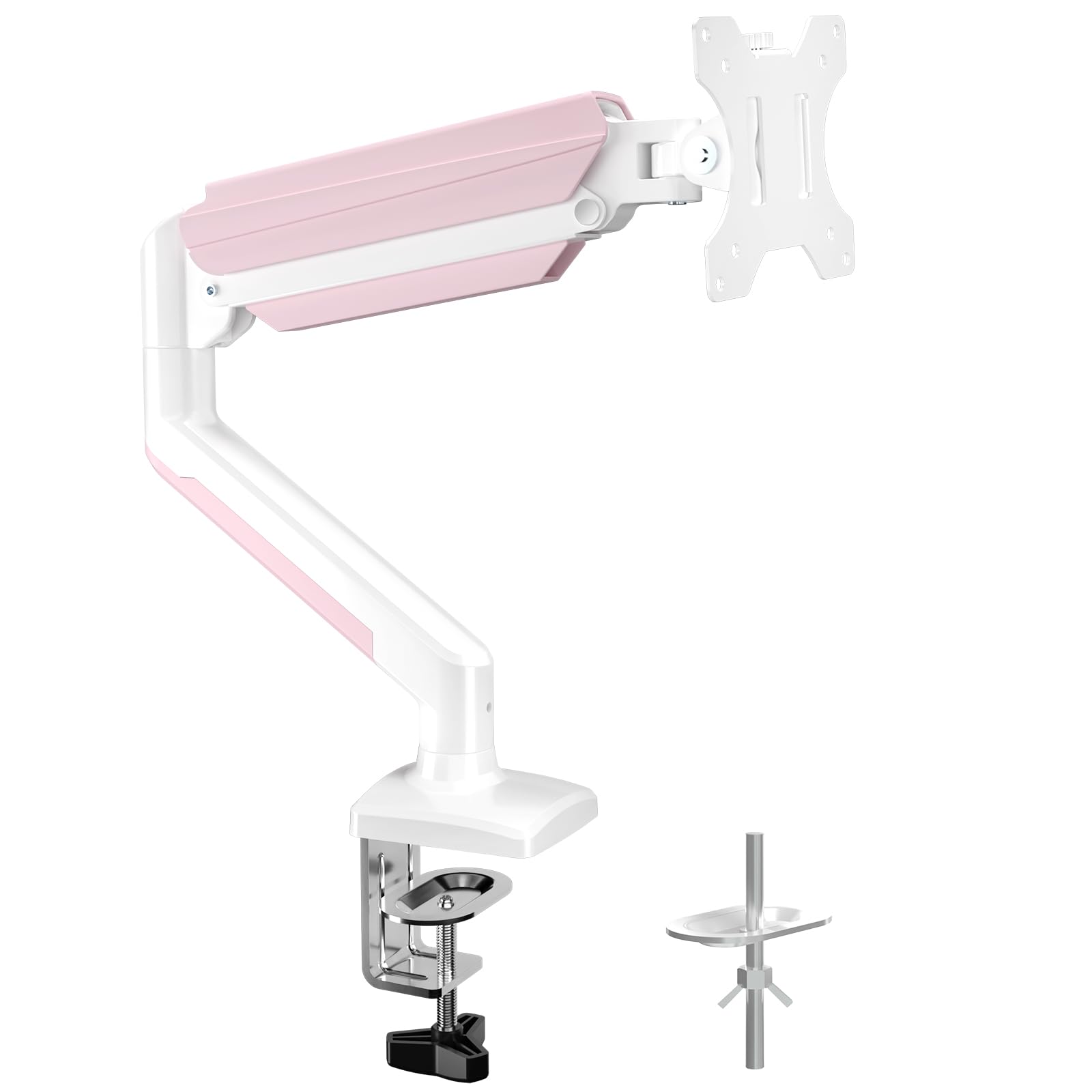 suptek Soporte de Monitor con Resorte de Gas para Pantallas de 13-32", Brazo Ergonómico Ajustable en Altura, Giro y Rotación 360°, VESA 75/100mm, Carga Máx. 9kg, Blanco y Rosa Recycled Claim Standard Blended