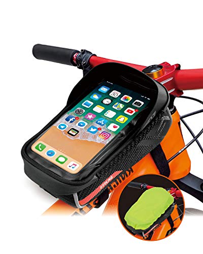 KOYOSO Fahrrad Rahmentasche, Wasserdicht Fahrrad Handyhalterung Rahmentasche mit Empfindlich TPU Touchscreen für Smartphones bis 6,5 Zoll mit Regenschutz
