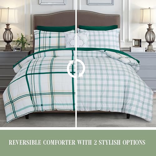 Image of Elegant Comfort 8-Piece Lodge Plaid Reversible Comforter Set-All Season Bed in a Bag, 4-Piece Sheet Set Featuring Smart Pockets,Matching Shams and Decorative Pillow,King /California King, Emerald Green