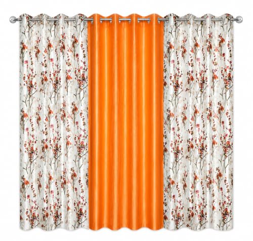 Image of 7 Feet Polyester Floral Light Filtering Door Curtains for Living Room, Bedroom & Hall, Eyelet Top, Orange Printed and Solid Plain Curtain Set of 3