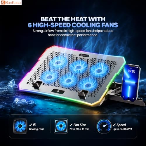 Image of Bonkaso Laptop Cooling Pad with 6 High-Speed Fans, Up to 2400 RPM, 10 RGB Modes, Fan Speed Dial, 4-Level Adjustable Stand, Dual USB Extender, Phone Holder, Iron Mesh, Anti-Slip Stoppers
