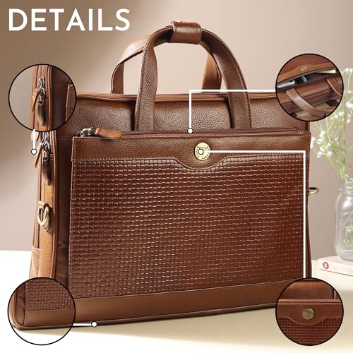 Image of STEVE JHONSON Leather Laptop Bags for Men - 16 Inches Office Bag with Shoulder Strap, Messenger Bag for Travel, Executive Side Handbag with Metallic Closure, Laptop Sling Bag (Tan)