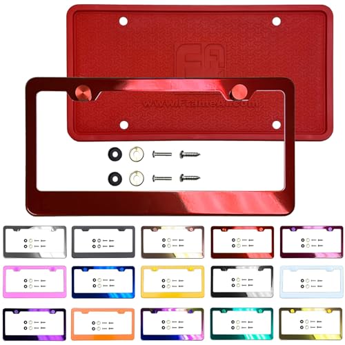 NAROWAN Silicone Back Guard License Plate Frame Candy Red Powder Coated Universal Fit Aluminum Screw On Cap Cover T304 Stainless Steel Rust Proof Weather Proof Stainless Steel Screws (Qty: 1 Frame)