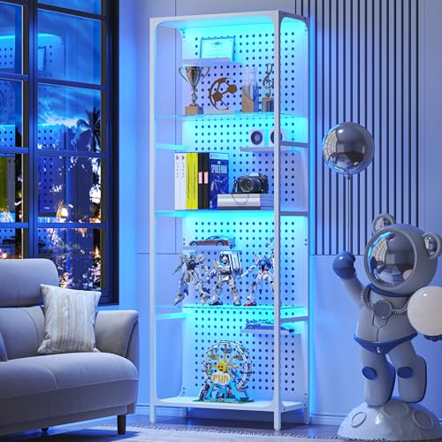 Saudism Glass Display Shelf for Collectibles, LED White Shelf, Curio Cabinet, Lighted Tall Narrow Shelf with Pegboard Steel Frame for Gaming Room, Floor Lamp with Shelves, Living Room, Bedroom (Large)
