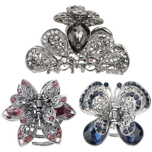 kilofly 3pc Vintage Crystal Hair Claw Clips Long Thick Hair Metal Clamps