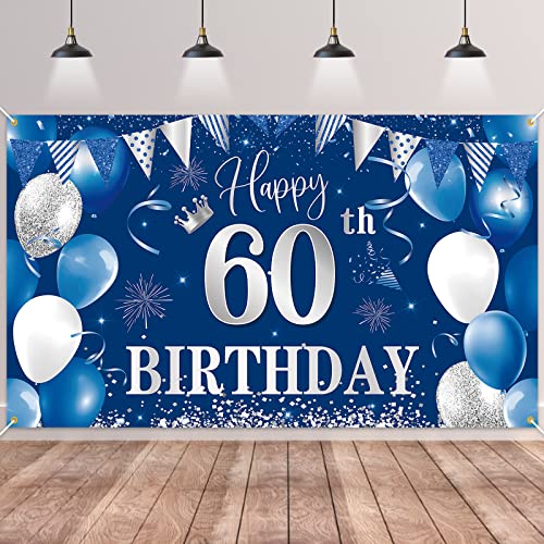 Image of 60th Birthday Banner Backdrop,BTZO Happy 60th Birthday Decorations,Blue Silver Fabric Photo Backdrop Background for Men and Women 60th Birthday Party,70.8 x 43.3Inch