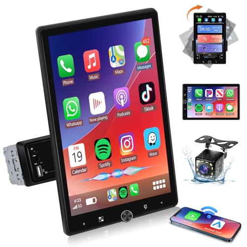 VECHTEL Radio Coche 1 DIN con Carplay Android Auto Inalámbrico, Autoradio con Pantalla Táctil Giratoria de 10.4 Pulgadas Bluetooth, Radio FM, Enlace a Espejo, 2 USB, Cámara Trasera