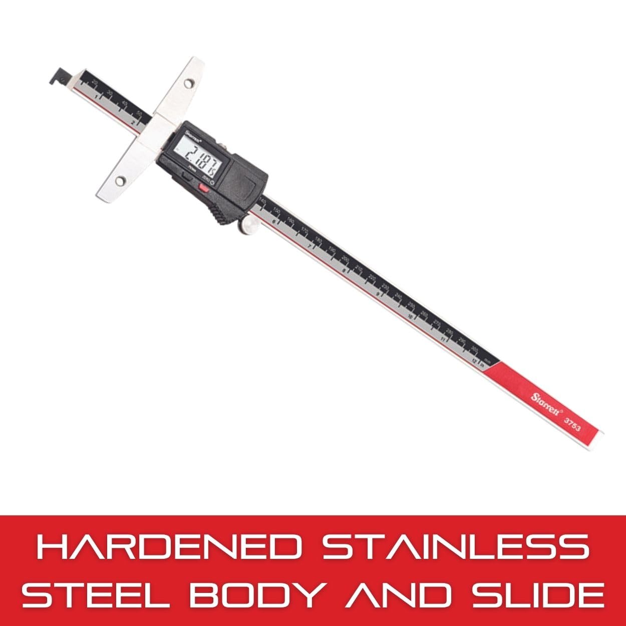 Starrett Electronic Depth Gage with Clear, Easily-Read Numbers, Fine Adjustment Thumb Roll and Removable Hook - 0-8" Range, .0005" Resolution - 3753A-8/200