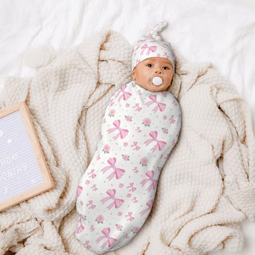 Image of Pink Bow Floral Newborn Baby Swaddle Blanket Baby Stuff,with Beanie hat Sets, Soft Gifts for Unisex Boys Girls Shower Infant