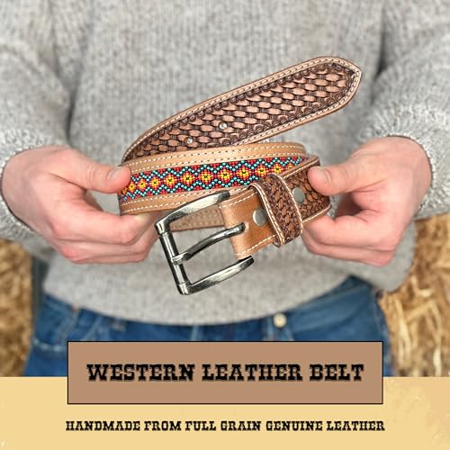 DANIEL'S ARTPLANET Western Belt for Men Handmade Full Grain Leather Beaded Tooled Cowboy Belt with Removable Buckle 1.5”2
