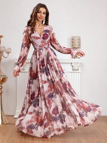 Image of TOLEEN Summer Casual Dresses for Women 2024 Spring Fashion Boho V Neck Long Sleeve Ruffle Floral Print Elegant Maxi Dress