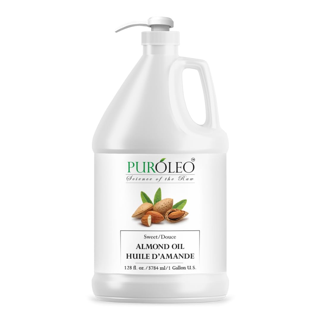 PUROLEO Sweet Almond Oil 128 Fl Oz/3784 ML (Packed In Canada) Pure Almond Oil for Skin, Hair, & Body | Organic Carrier Oil & Body Oils For Women | Almond Butter Hair Oil, Body Oil, Baby Oil, Massage Oil huiles essentielles Amande Douce Huile Massage