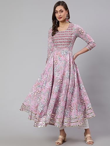 Image of Women Cotton Printed Round Neck 3 /4 Sleeve Flared Kurta
