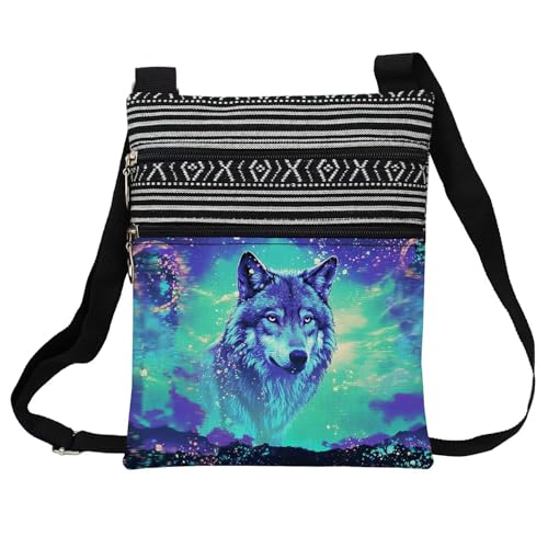 Neon Wolf Messenger Bag Small Ethnic Pattern Printed Adjustable Strap Crossbody Zipper Bag Neon Wolf Phone Bag Wallet Cute Shoulder Handbag for Women