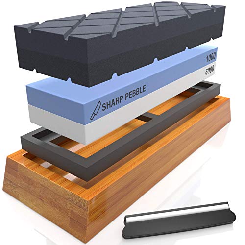 Sharp Pebble Two Side 1000/6000 Grit Knife Sharpening Stone and Large Dual Grit Flattening Stone with NonSlip Bamboo Base & Angle Guide