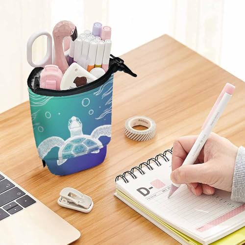 Image of Swono Turtle Pencil Pouch Marine Ocean Sea Aquatic Tortoise Line Art Style Stand Up Pencil Case Organizer Pencil Holder Makeup Bag Gift Aqua Blue