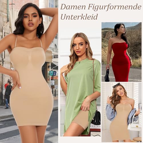 ONEW Miederkleid Damen Nahtlose Bandeau Unterkleid Bauchweg Shapewear Kleid Figurformende Shaping Formkleid Full Slip mit Abnehmbare Spaghettiträger Beige S