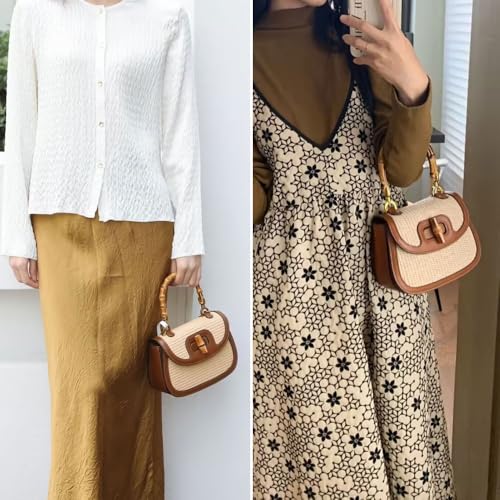 Women's Handmade Straw Tote Handbags，Genuine Leather+Straw Woven Bamboo Top Handle Satchel Crossbody Bag2