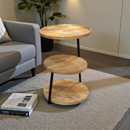 Image of POSHIO Wooden Side Table 3 Tier Round with Metal Frame- Modern End Table Organizer with Storage Shelves (Natural Brown, 61.5, Centimeters, 40.5, Centimeters, 40.5, Centimeters)