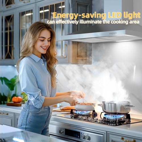 Image of FIREGAS Range Hood 30 inch Wall Mount Type with Ducted /Ductless Convertible, 450 CFM Stainless Steel Chimney-Style Kitchen Hood, Over Stove Vent Hood with 3 Speed Fan, LED Light, Charcoal Filters