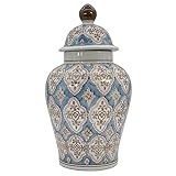 Galt International Light Blue & Brown Hand Painted Mosaic Ceramic Ginger Jar 18" with Lid Porcelain