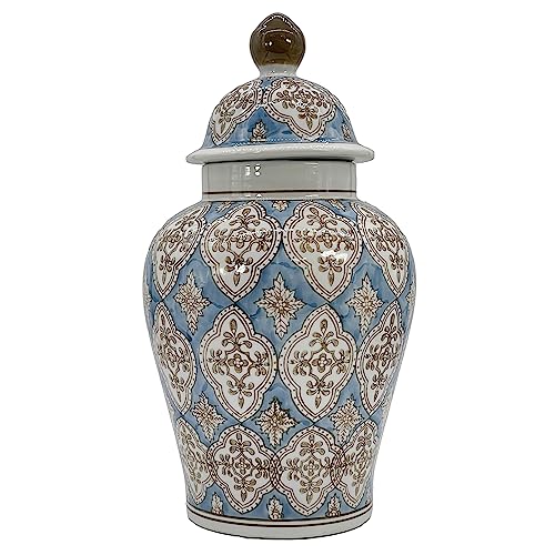 Galt International Light Blue & Brown Hand Painted Mosaic Ceramic Ginger Jar 18" With Lid Porcelain Chinoiserie Temple Jar Vase Kitchen Home Decor For Interior Design #TOP14