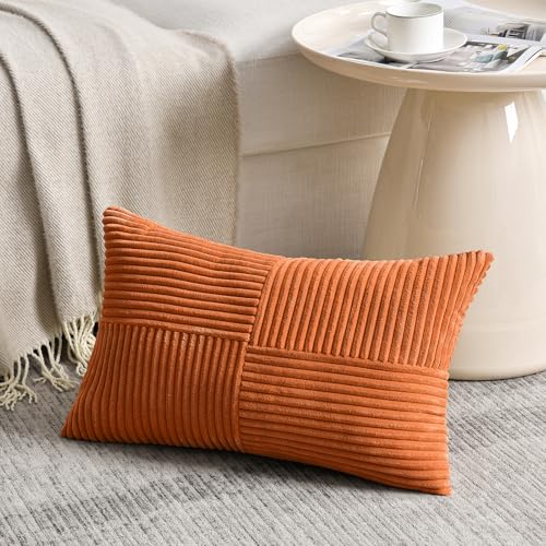 Image of Fancy Homi 2 Packs Burnt Orange Lumbar Decorative Throw Pillow Covers 14x24 Inch for Couch Bed Sofa, Farmhouse Boho Home Decor, Soft Striped Corduroy Rectangle Accent Cushion Case 35x60 cm