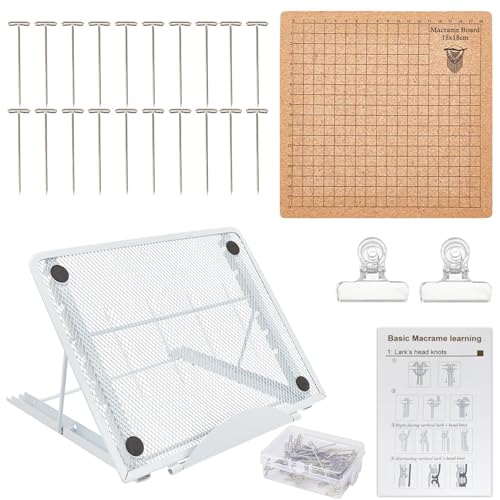 8×8 Inch Macrame Board and Pins Kit, Macrame Board and Metal Adjustable Holder with T Pins Clips, Double Sided Grids Macrame Project Tool Supplies for Braiding Cording Bracelet Creating & Knotting