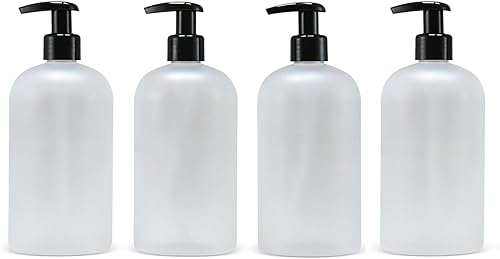 -Botellas vacías de plástico PET recargables de 16 onzas - Juego de 4 con bombas de loción para champú, acondicionador, gel de baño, jabón de manos,