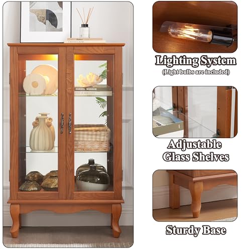 Image of 43 inch H Lighted Curio Cabinet Display Case with Light Bulb, Glass Curio Cabinet with Adjustable Shelves & Tempered Glass Door, Wooden Cabinets w /Mirrored Back Pane for Living Room(Oak)