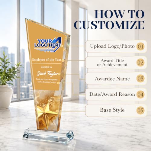Image of Custom Crystal Trophy Award Personalized Plaque Award with Text Logo Photo Awards Trophies for Employee Recognition Team Graduation Personalized Office Gifts for Boss Coworker Teacher
